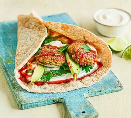 Storecupboard lunch recipes Falafel wrap on a blue board