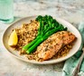 Air fryer salmon served with greens and grains