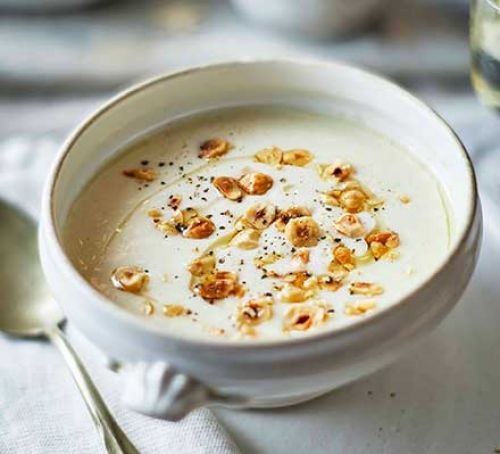 Christmas soup recipes Celeriac, hazelnut and truffle soup in a bowl