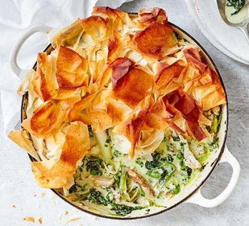 Chicken filo pastry pie in dish