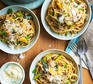 Veggie carbonara served in 3 bowls
