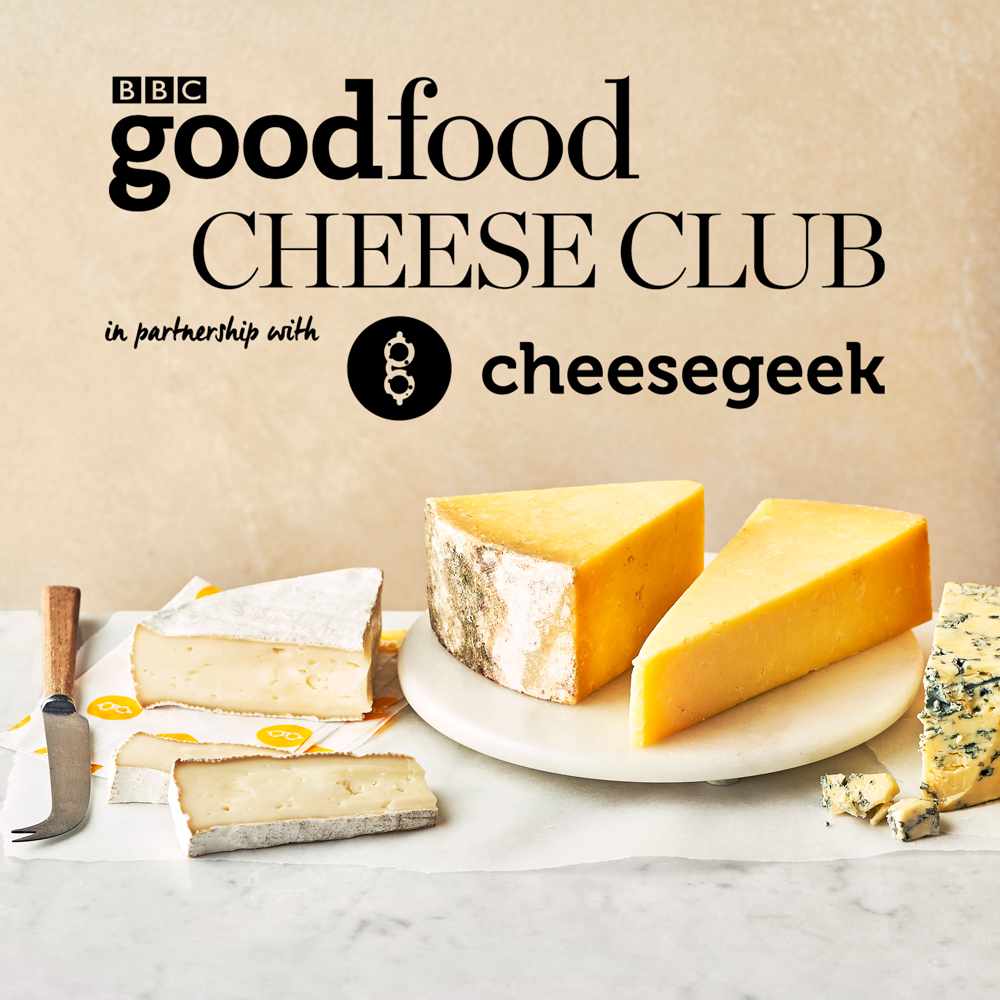 Cheese sits on a marble table top with a logo