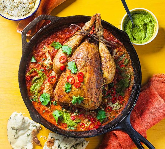 One-pot spiced roast chicken served in a casserole dish