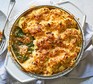 Sausage & leek mash pie served in a casserole dish