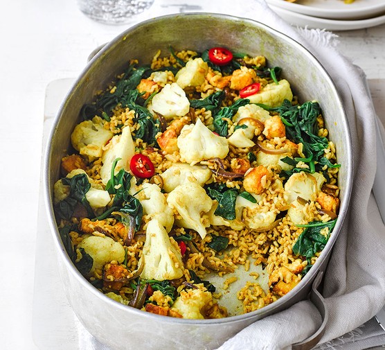 Spicy cauliflower & halloumi rice Spicy cauliflower & halloumi rice in a large oven dish
