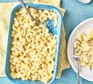 Microwave macaroni cheese in a baking dish